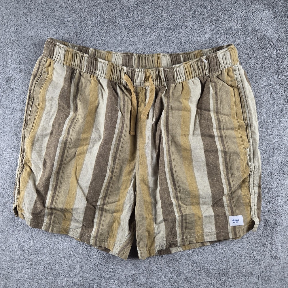 Katin Linen Blend Chino Beige Striped Shorts Mens Large 6" Drawstring Elastic